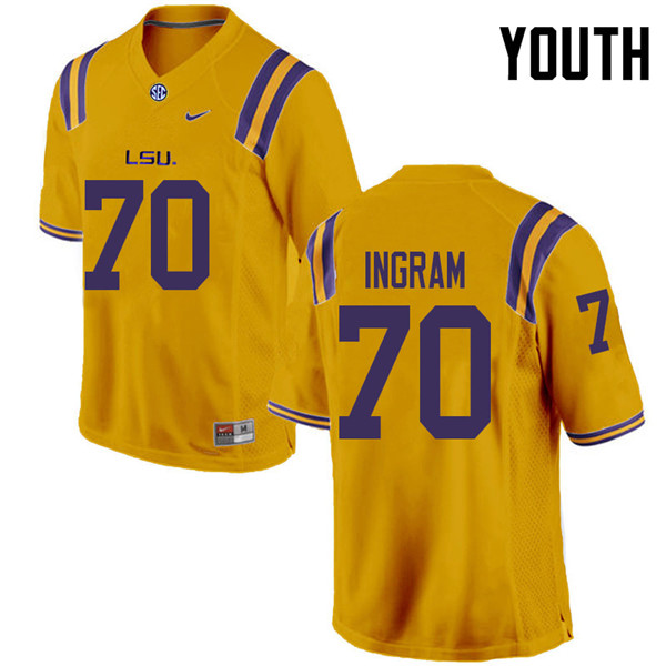 Youth #70 Ed Ingram LSU Tigers College Football Jerseys Sale-Gold